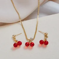 New Fashion Red Cherry Pendant Necklace Earrings, Women's Personalized Jewelry Set Holiday Party Accessories Gifts 2pcs/set - Image 3