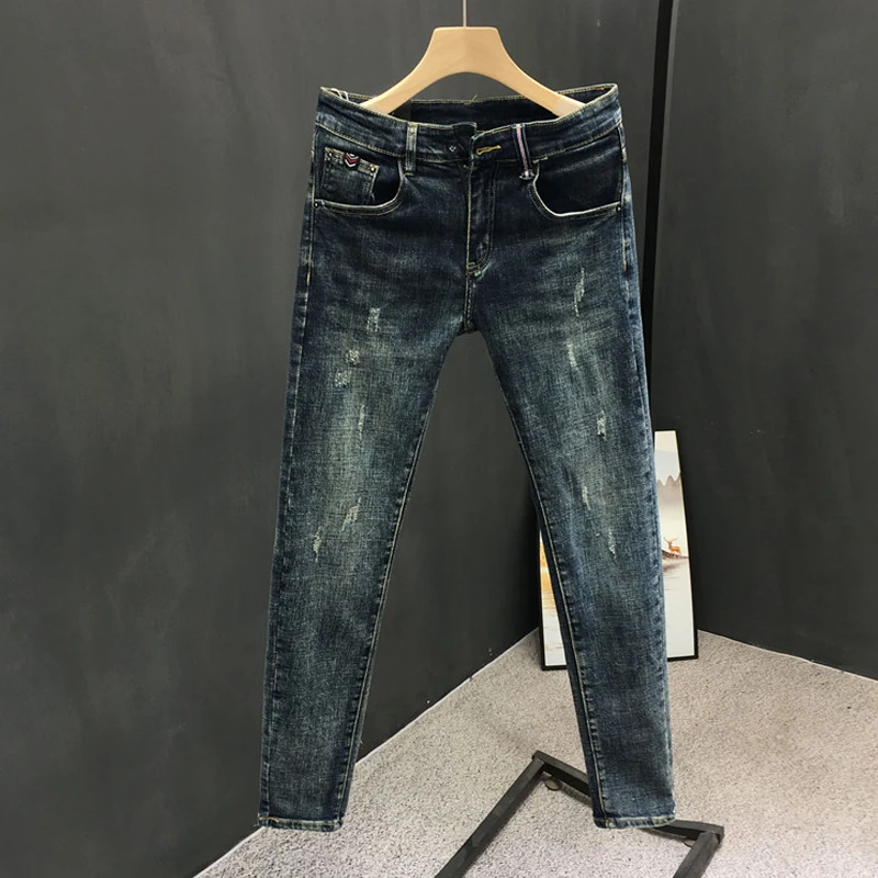 

2024 New Man Pants Fashion Soild Classical Small Foot Men's Jeans Streetwear Biker Skinny Zips Blue Cacual Long Denim Trousers