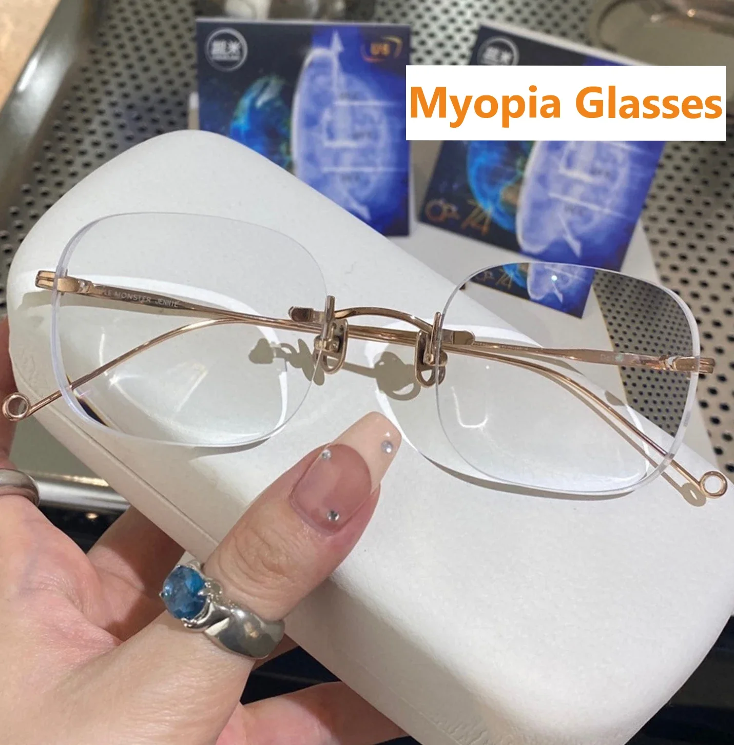 Finished Women Men Square Minus Glasses Luxury Rimless Clear Lens Computer Short-sight Eyeglasses Vintage Myopia Eyewear Diopter