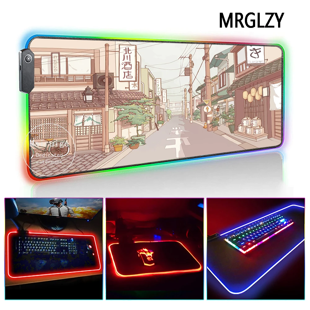 

Большой RGB-коврик для мыши MRGLZY со светодиодной подсветкой в японском уличном стиле, XXL Genshin Impact, Настольный коврик, игровые аксессуары для клавиатуры для ПК и ноутбука
