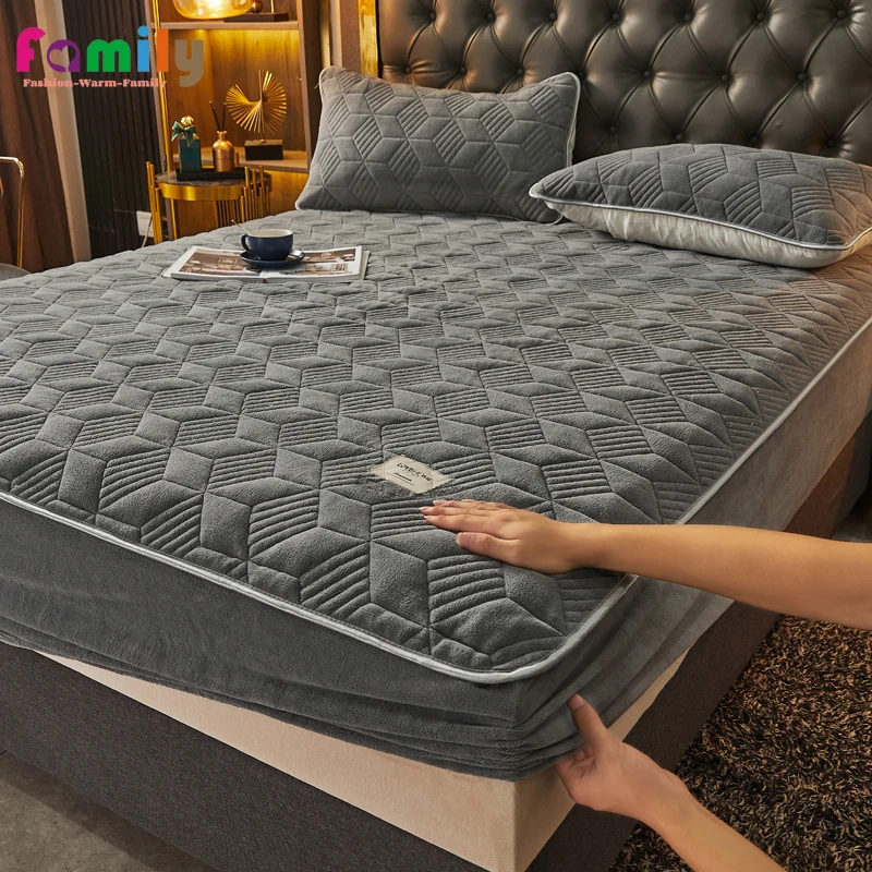 

Plush Thick Quilted Mattress Cover Warm Soft Crystal Velvet King Queen Bed Cover Bed Fitted Sheet Not Including Pillowcase