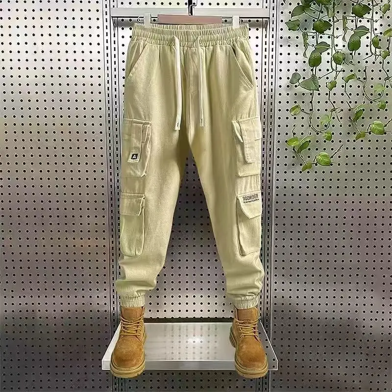 2023 New Men's Clothing Trousers Cargo Mid Waist Drawstring Spring Autumn Fashion Casual Solid Color Pockets All-match Pants