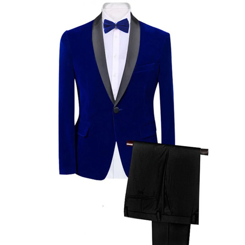 

Royal Blue Velvet Men Suits For Prom Singer Club 2 Piece Custom Wedding Groomsmen Tuxedo Male Fashion Clothes Blazer With Pants