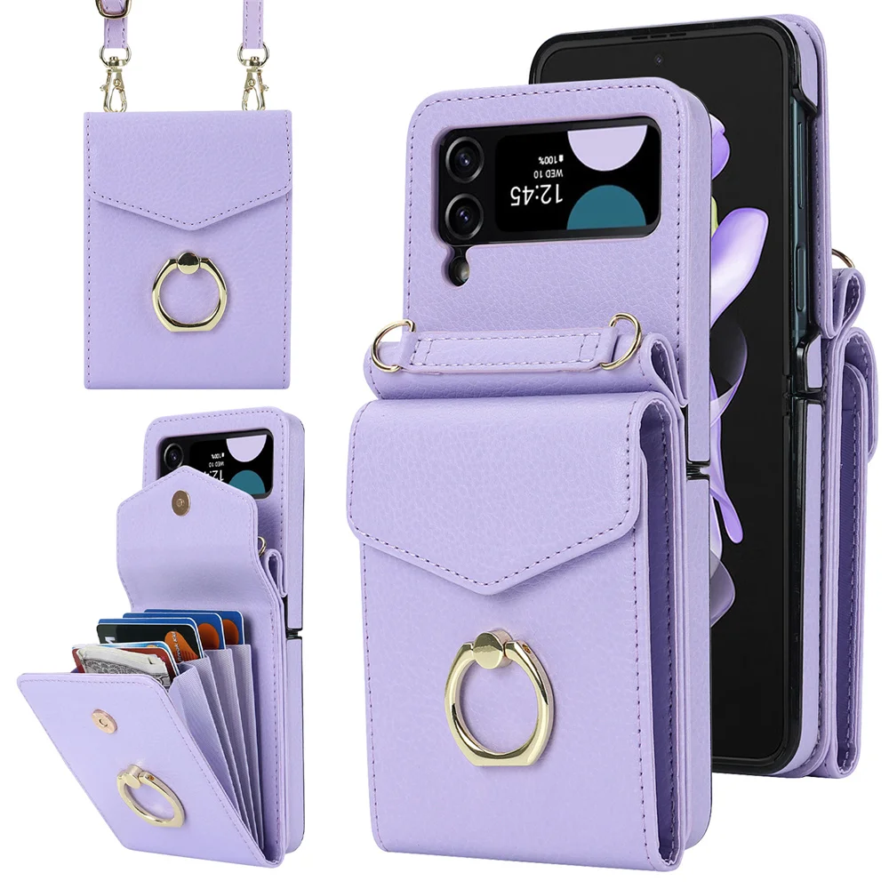 

Чехол с кольцом и подставкой для Samsung Galaxy Z Flip 4 3 Flip4 Flip3 5G RFID Блокировка органа Держатель для карт Кожаный чехол с ремешком