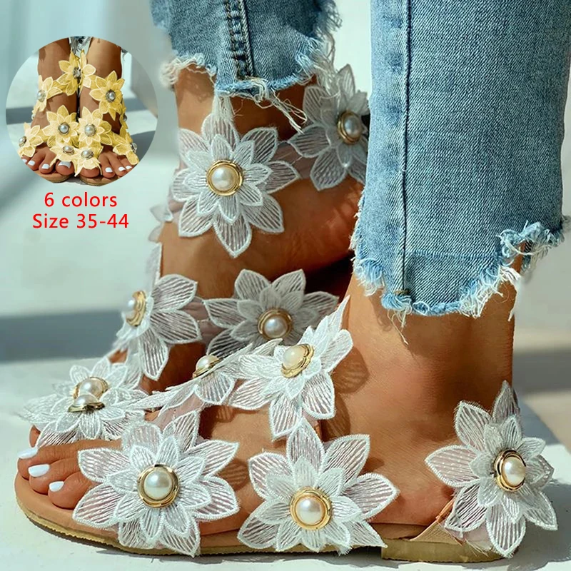 

New Bohemian Sandals Women's Summer Footwear Fashion Casual Floral Pearl Flat Sandals Toe Ring Beach Shoes Zapatos De Mujer35-43