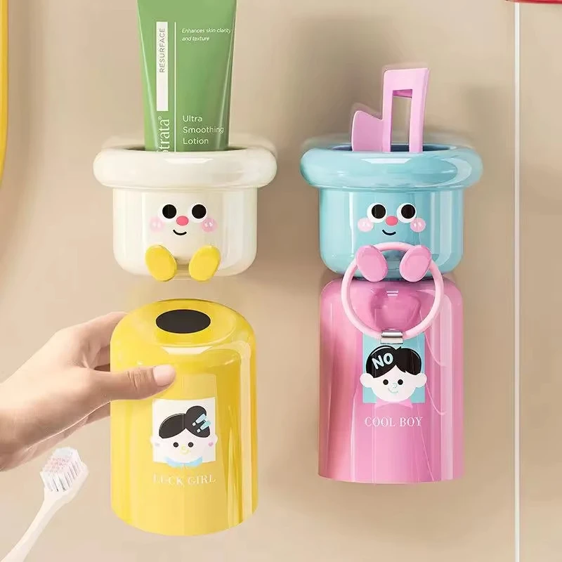 Cartoon Magnetic Toothbrush Holder Punch-Free Upside Down Wall Mounted Bathroom Storage Rack Gargle Cup Organizer_voghion.com