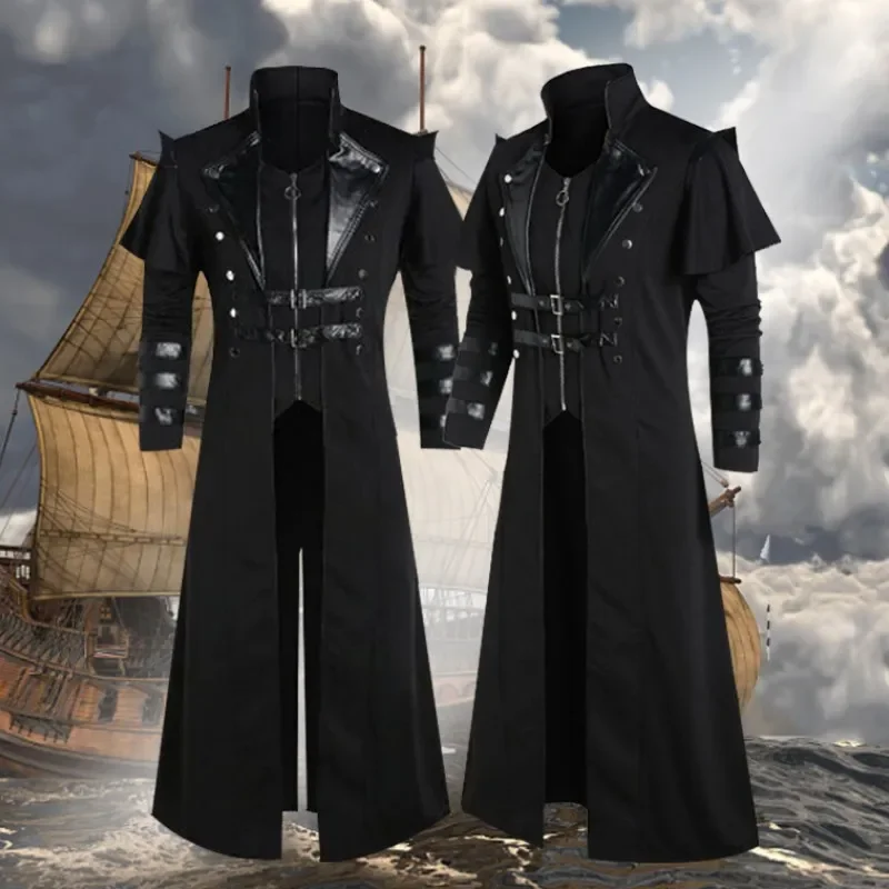 Vintage Halloween Medieval Steampunk Elves Pirate Costume Adult Men Black Long Split Jacket Gothic Armor Leather Coats,role playing costume,cosplay costumes,cosplay costume,gothic jackets