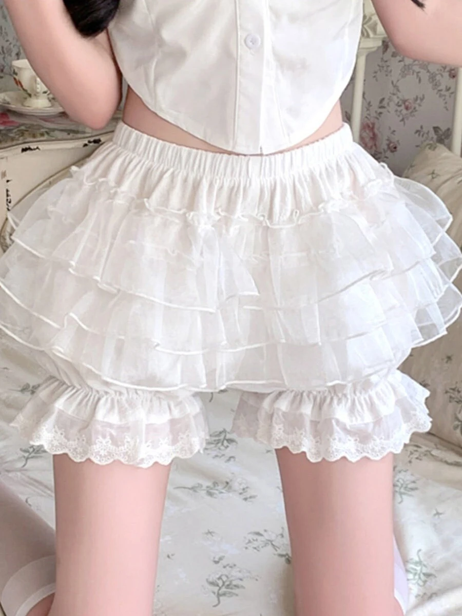 

Lace Trim Layered Ruffle Bloomers Shorts Lolita Style Mid Waist Bow knot Decor Frilly Panties Women Solid Color Plaid Shorts