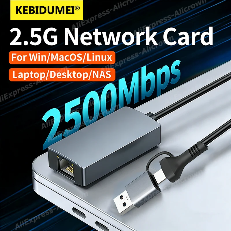 KEBIDUMEI 2500Mbps 이더넷 네트워크 카드 USB3.0 Type-C To RJ45 for Windows 11 1000M/100M 기가비트 변환기 Lan 인터넷 케이블