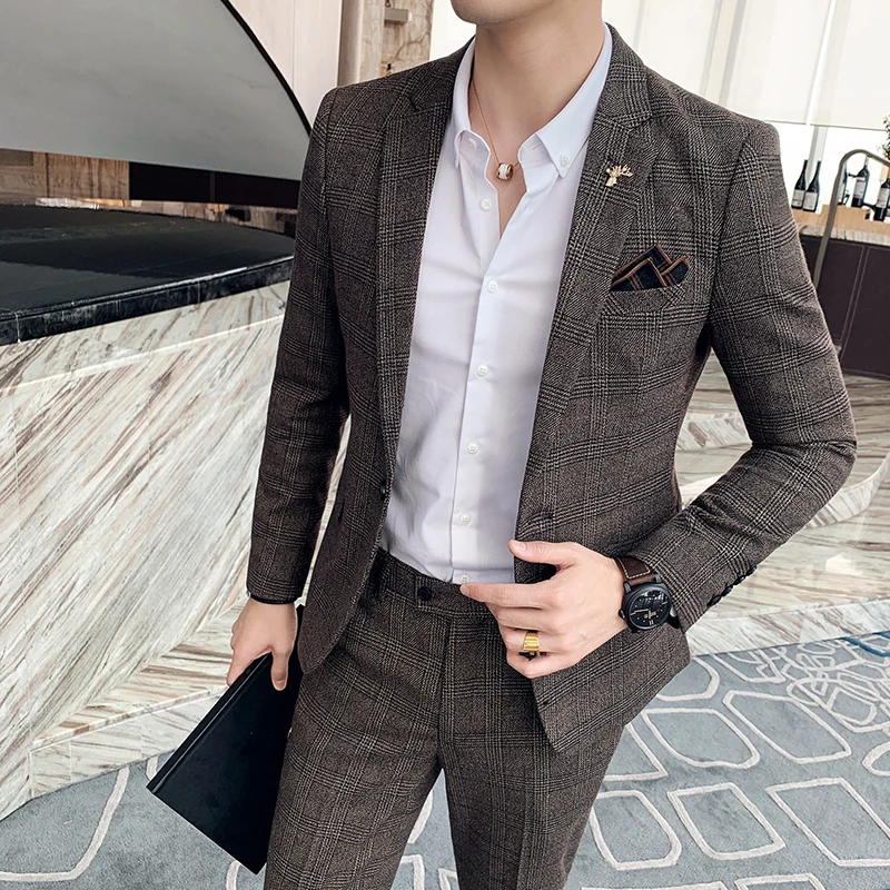 British Style Business Fashion Casual Suit Two-piece (jacket+pants) Spring New Men's Wedding Dress Large Size 6XL 7XL