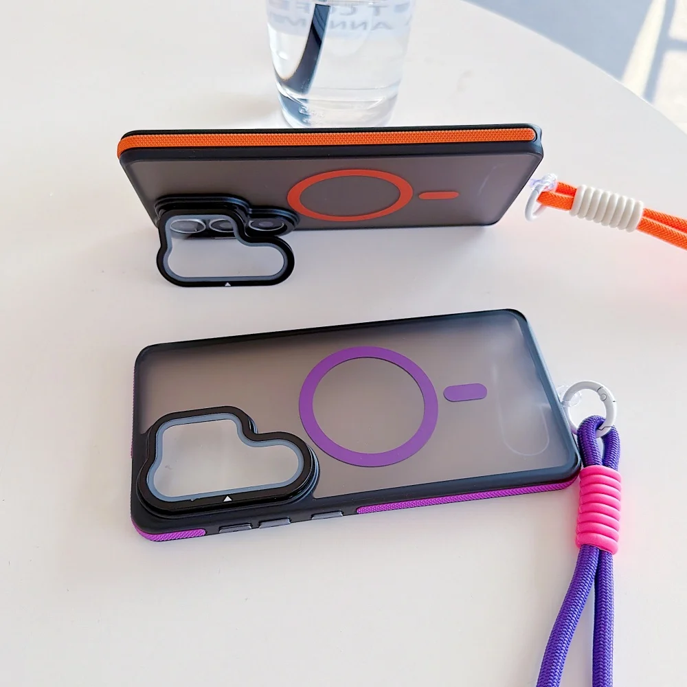 Matte Magnetic Wireless Charging Case with Foldable Lens Stand and Wrist Strap Lanyard