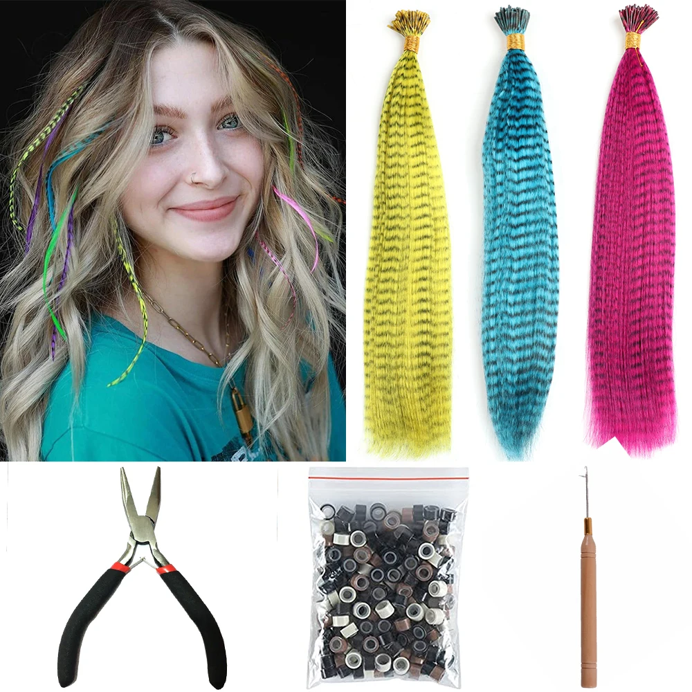 Synthetic Colored I-Tip Feather Hair Extensions 16" 10 Strands/Pack Women's High Temperature Fiber Wig Accessories