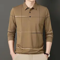 New Men's 2024 Lapel Spring and Autumn Patchwork Button Geometric Fashionable Casual Slim Fit Long Sleeved T-shirt Polo Shirt
