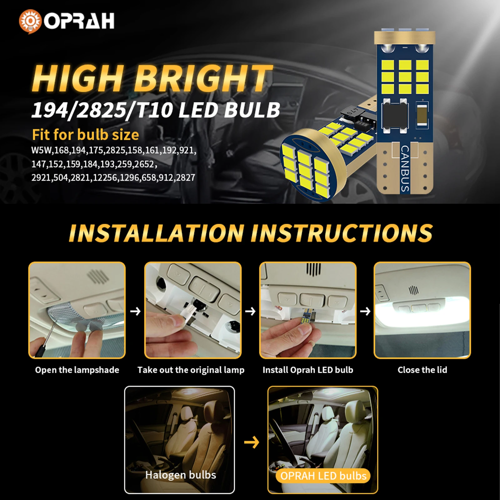 Oprah-ڵ LED ׸  T10 W5W Canbus , 2016SMD, ڵ    Ŭ , 12V ̿,  , 10 
