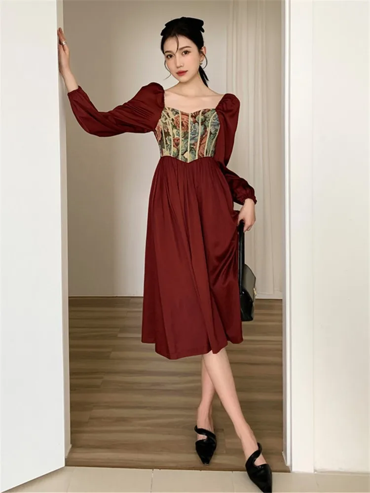 

Romantic French Dress 2023 Spring Vintage Mori Girl Mid Long Frocks Female Long Sleeve Fashion Loose Holiday Party Club Dresses