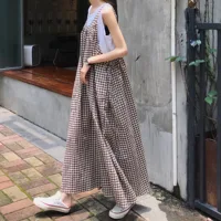 Retro Japanese Plaid Workwear Overalls Women Summer Loose Casual Sli Straight Leg Wide Leg Jumpsuit Trendy High Waist Nin... - Image 2