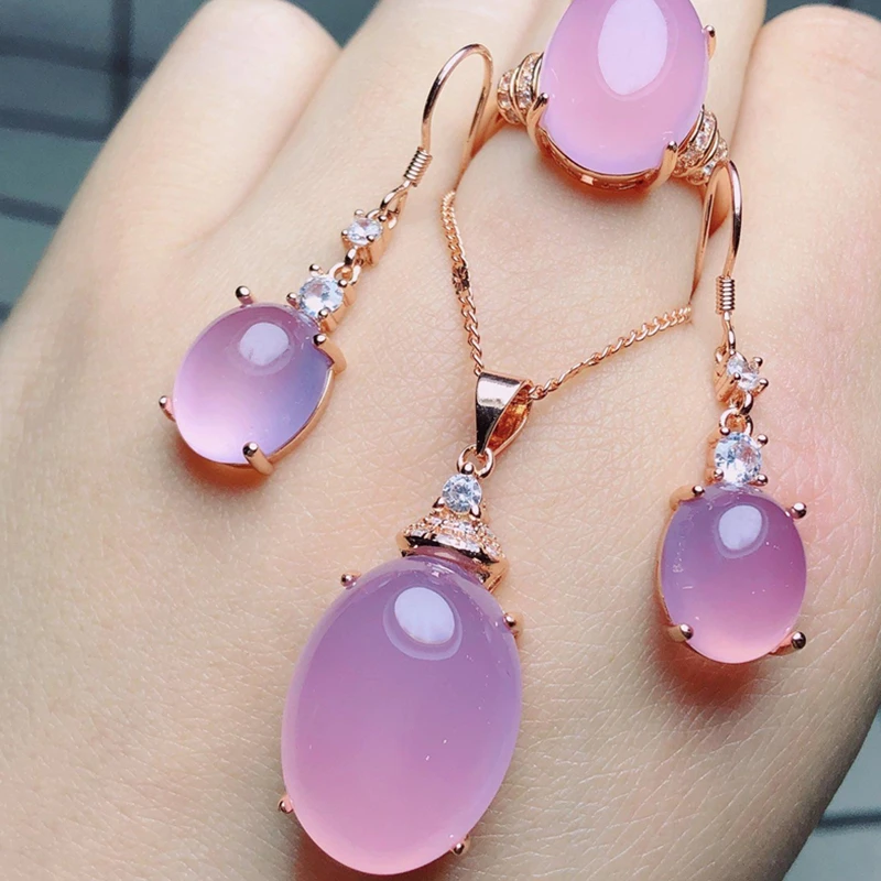 Natural chalcedony set of three 925 silver inlaid necklace pendant ring earrings exquisite jewelry style
