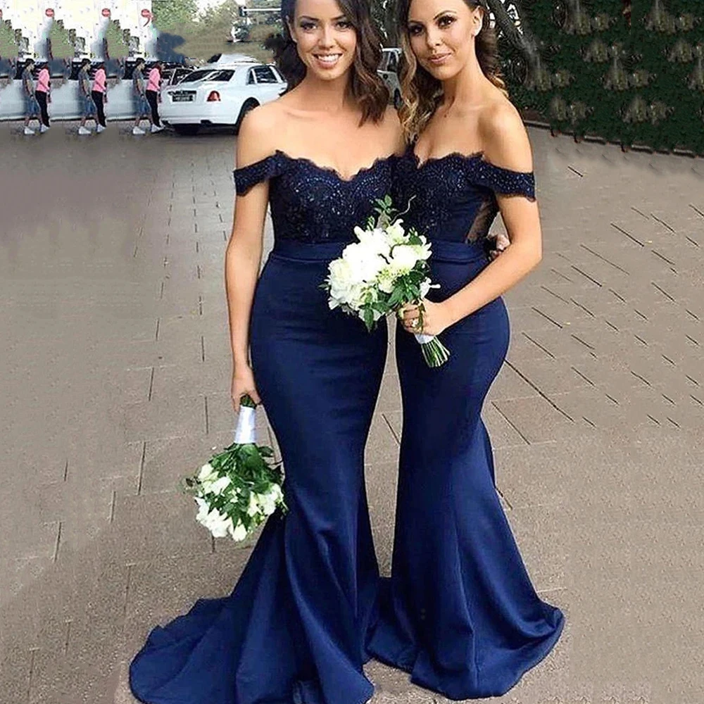 

Long Navy Blue Mermaid Bridesmaid Dresses 2023 Sexy Off The Shoulder Backless Maid Of Honor Dress For Women Custom Made