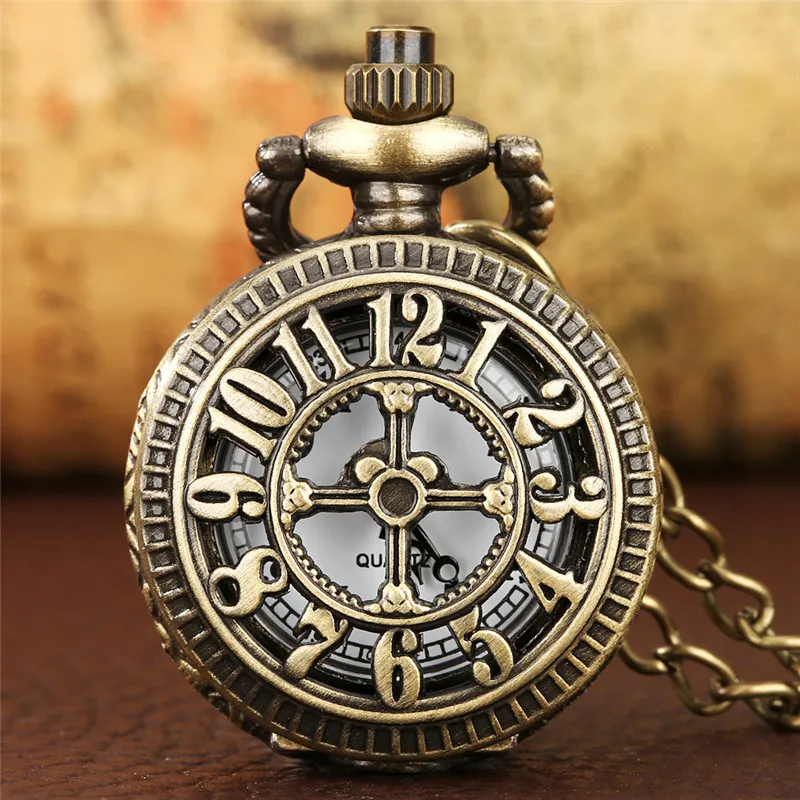 

Bronze Mini Size Hollow Arabic Number Cover Unisex Quartz Analog Pocket Watch Necklace Long Chain Collectable Timepiece Gift