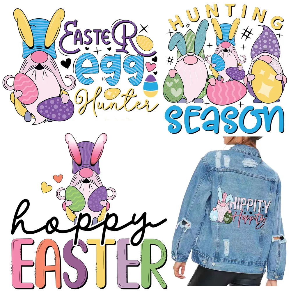 Easter Bunny Iron-On Heat Transfer Print-On T-Shirt Felpe Con Cappuccio Patch Per Abbigliamento Gnome Eggs Thermal Sticker Applique Fatta In Casa
