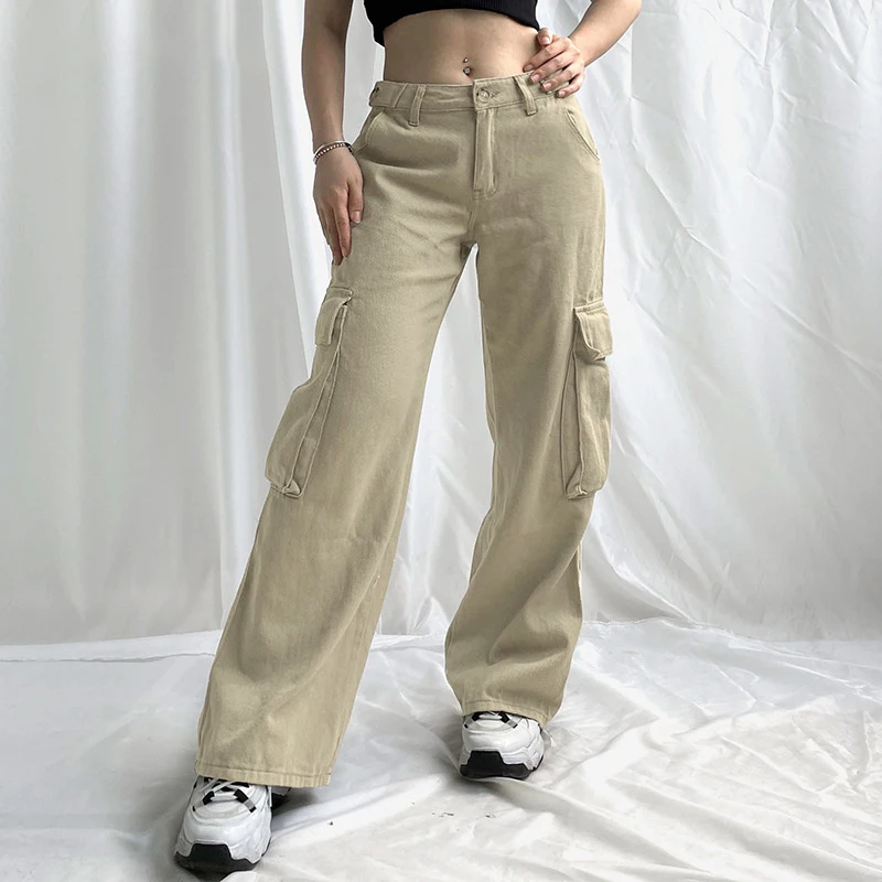 

American Street Green Cargo Pants 2022 Women Trousers Simple Design Straight High Waist Pants Retro Bottoms High Waist Trousers