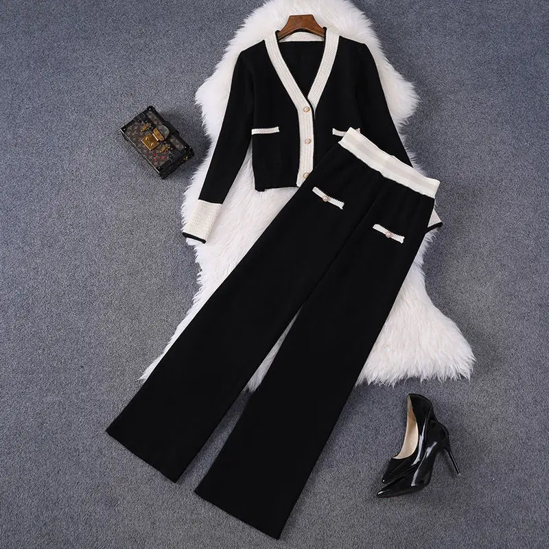 Fashion Knitted Two-Piece Sets Simple V-Neck Single Breasted Cardigan+Loose Wide Leg Pant Autumn Winter Ladies Office Lady Suits
