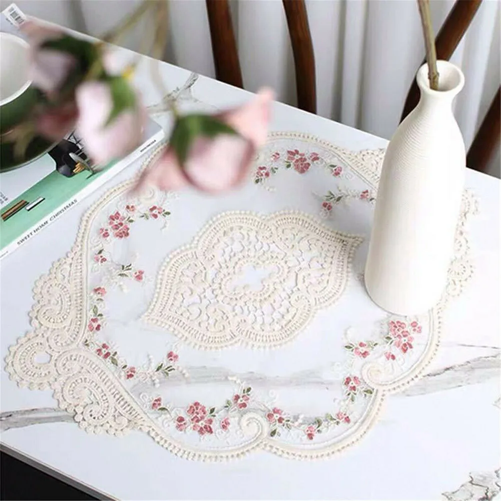 Vintage French Lace Table Mat Embroidered Lace Tablecloth Pastoral European Style Bedside Table Decoration Rose Mat 1pc