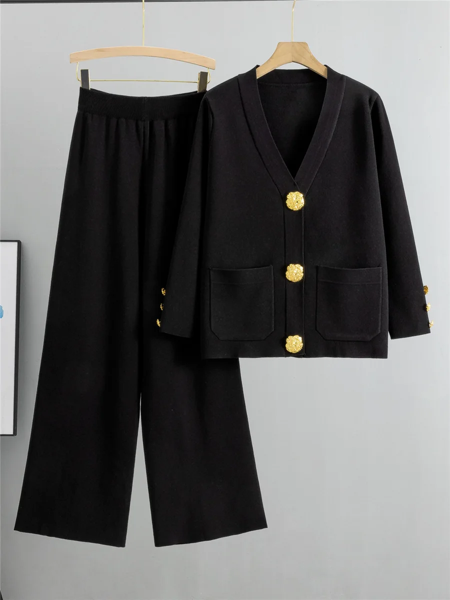 Fall Winter Women's Knit Sweater Sets Large Gold Button V-neck Cardigan Coats Conjunto High Waist Baggy 95cm Wide Leg Pants Suit 4
