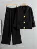 Fall Winter Women's Knit Sweater Sets Large Gold Button V-neck Cardigan Coats Conjunto High Waist Baggy 95cm Wide Leg Pants Suit 4