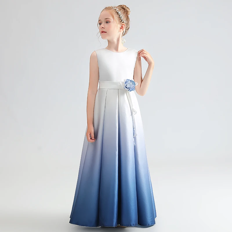 Gradient Color Long Satin Formal Dress For Girls Blue Sleeveless Elegant Pleated Junior Bridesmaid Dresses Dideyttawl satin formal dress