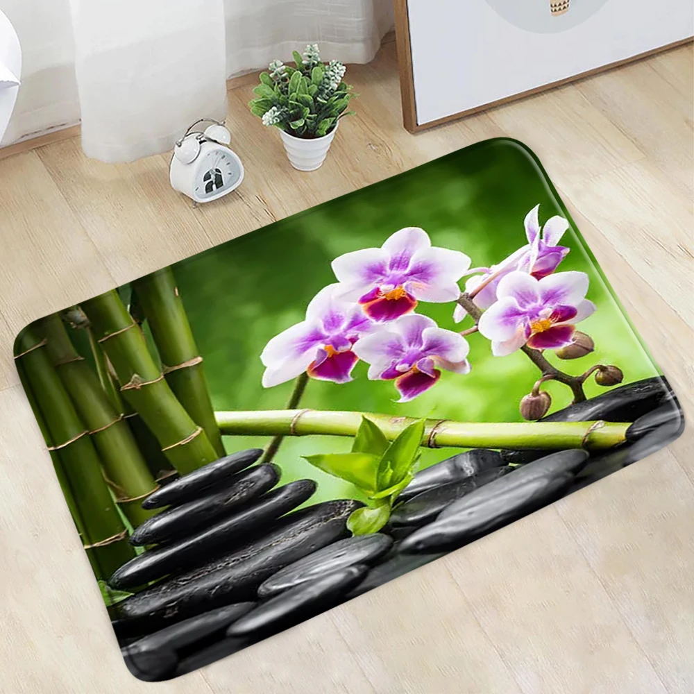 

Zen Bathroom Mat Green Bamboo Purple Orchid Black Stone Plant Scenery Spa Deco Flannel Non-Slip Rug Kitchen Doorway Aisle Carpet