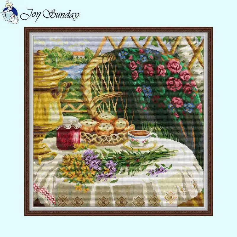Cozy Afternoon Tea Still Life Cross Stitch Embroidery Kits 14CT Count 16CT 11CT White Fabric Printed Needlework DIY Home Decor