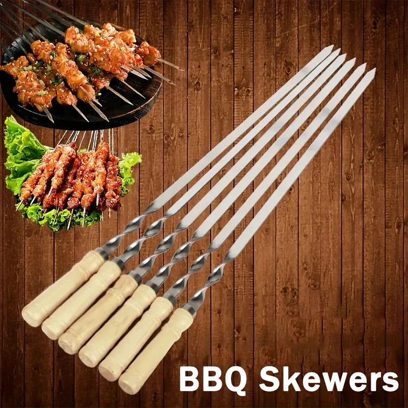 Stainless Steel Barbecue Skewers Long Handle 55cm Wooden Barbecue Handle Large Flat Stick Outdoor Picnic Tools