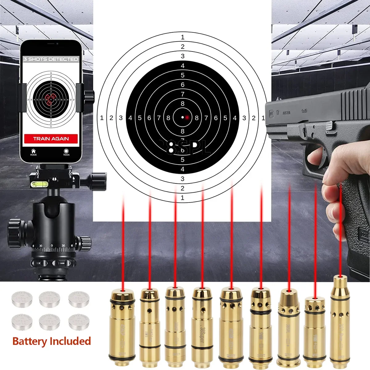 

Training Laser Bullet Bore Sight 9x19mm .38SPL .45ACP .9x18mm .223Rem .40S&W Caliber Barrel Pistol Snap Caps Red Dot Boresighter