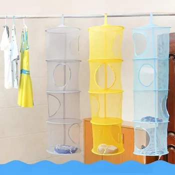 접이식 장난감 보관 행잉 바구니, 4 그리드 보이는 원통형 보관 행잉 백, 의류 속옷 양말 건조 바구니