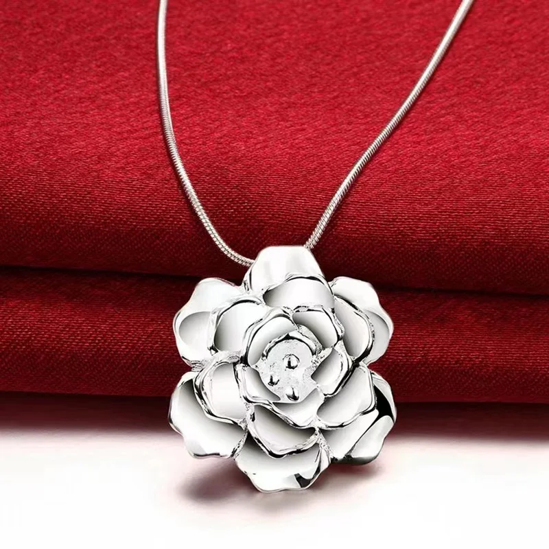

925 Sterling Silver 18 Inch Snake Chain Flower Pendant Necklace For Women Fashion Wedding Party Charm Jewelry