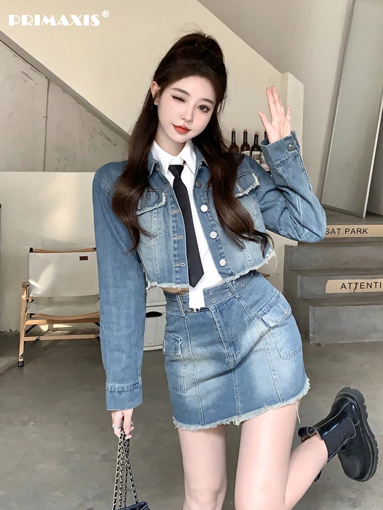 Denim Suit Fall 2022 Retro Short Jacket High Waist Skirt Two Piece Set Top Long Sleeve Womens Two Peice Sets Women's Dress