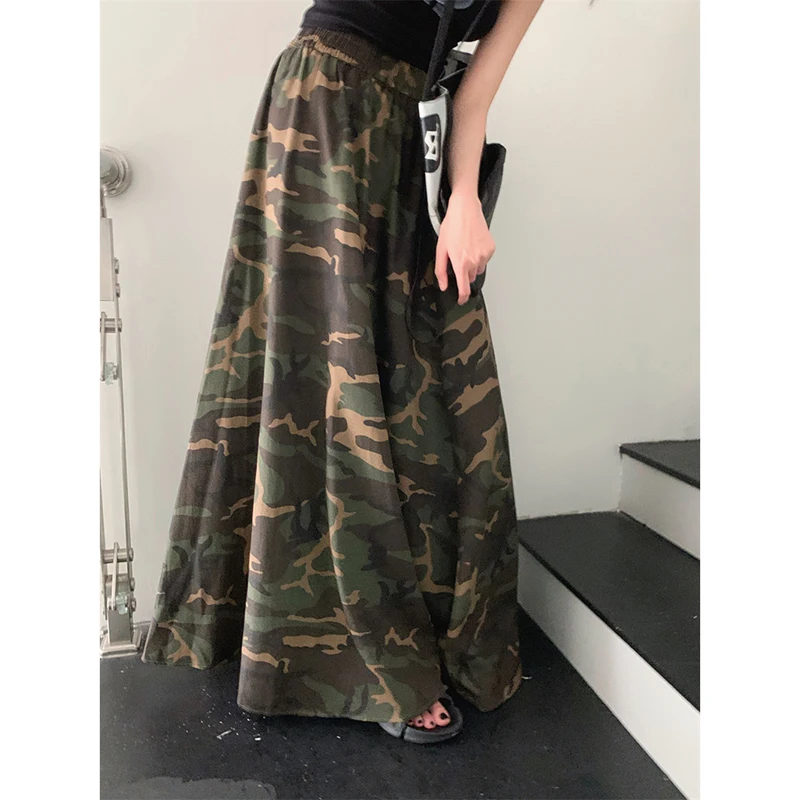 Summer Camo Maxi Skirts Elastic Waist A Line Long Skirts Green
