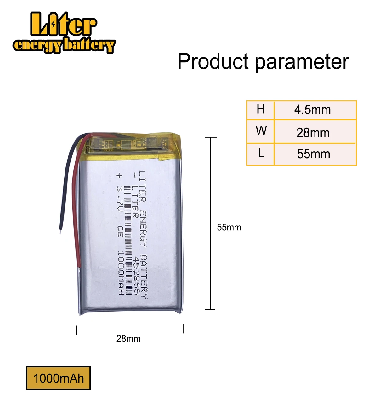 3.7V,1000mAH,[452855] PLIB; polymer lithium ion / Li-ion battery for dvr,GPS,mp3,mp4,cell phone,speaker
