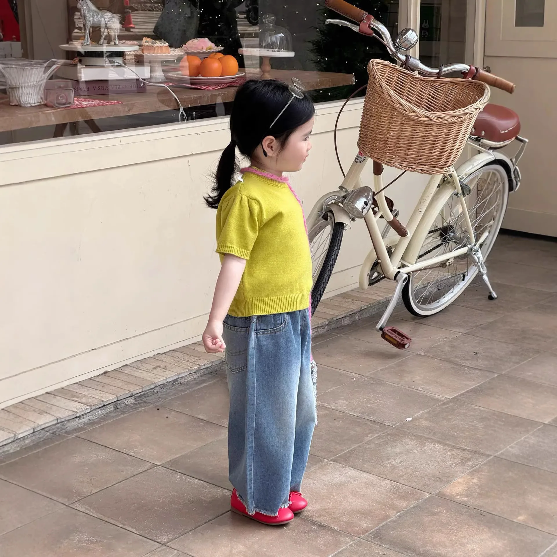 2026년 여름 의류 신상 한국판 아동복 여아 버블 반팔 원사 풀오버 니트 상의