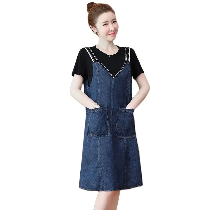 

5XL Women's Dress 2023 Spring Summer New Denim Dresses Mid-length Round Neck Short Sleeve Splice A Line Dress Vestidos Female