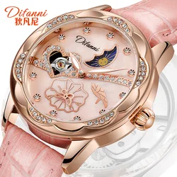 Lady Luminous Automatic Watch Female Diamond Wristwatch Steel Leather Mesh Strap Waterproof Women Moon Phase Mechanical Clock