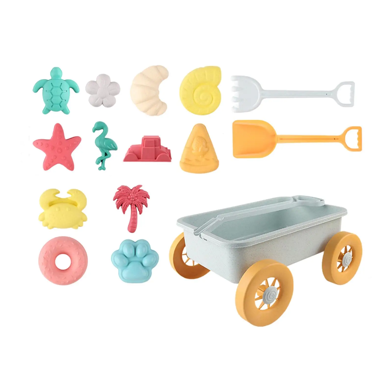 15 Pieces Beach Toys Sand Set,Travel Toys,Includes Sand Models,Petals,Pushcart,Donut,,Turtle,Palm Tree,Beach Toys for Kids