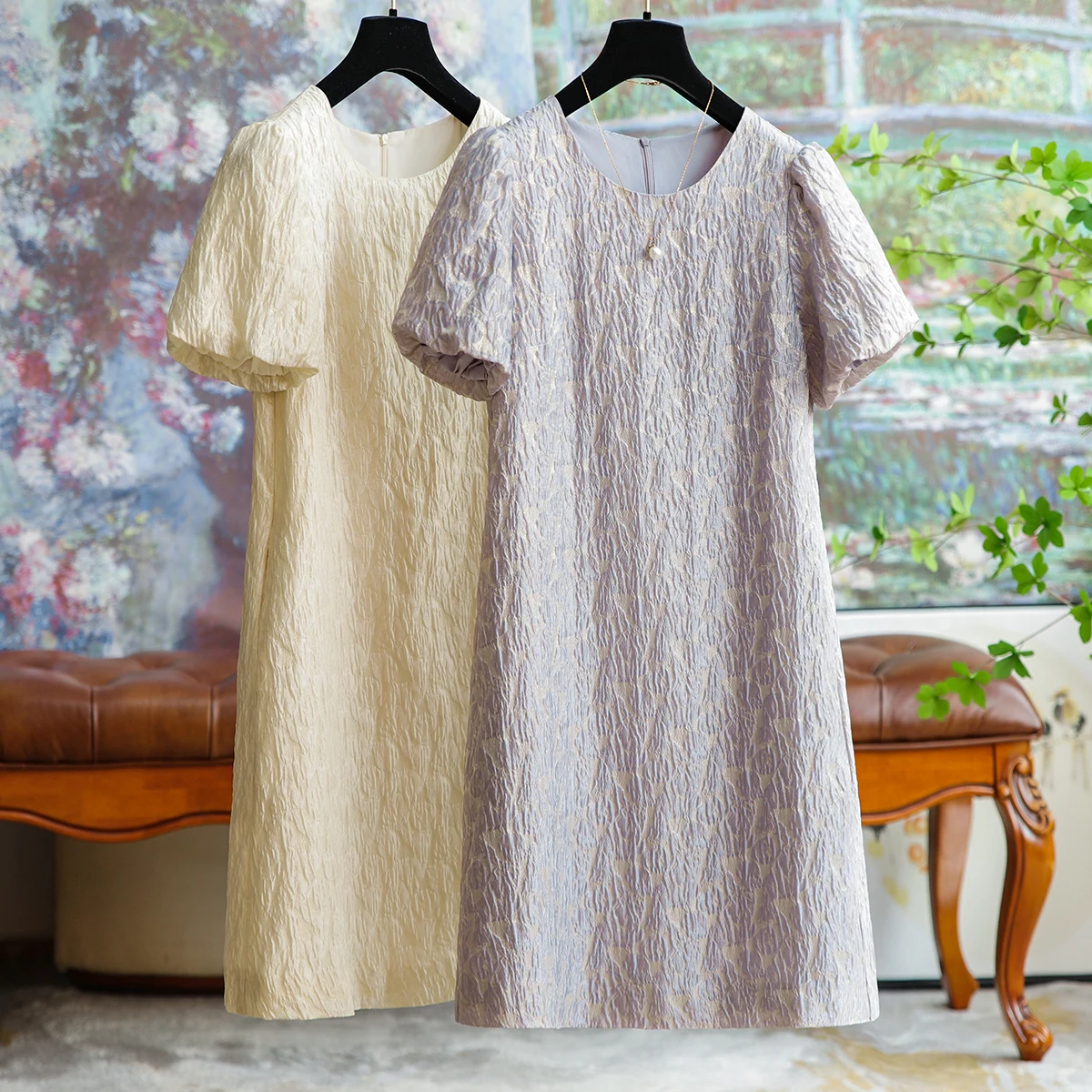 

High Quality Round Neck Bright Silk Jacquard Lantern Sleeve Dress Short Skirt Summer 2023 Femininity Elegant Formal Dresses