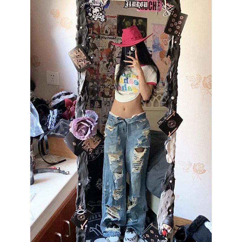 

Y2k Streetwear Jeans Woman Wide Leg Ripped Denim Pants Oversized Grunge Hippie Ripped Jeans Korean Fashion Trousers 2023 New