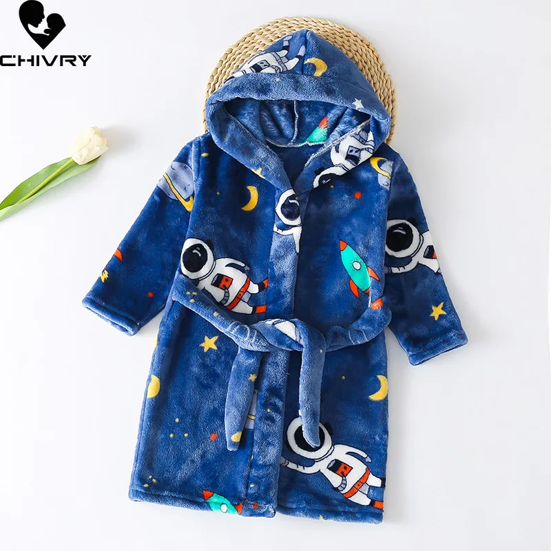 Autumn Winter Kids Hooded Soft Flannel Bathrobe Baby Bath Robes Boys Girls Cute Cartoon Bear Pajamas Long Sleeve Towel Robe