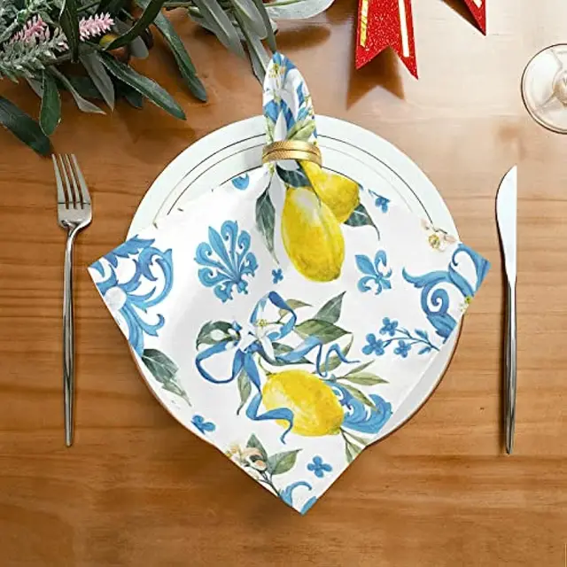 Tavaszi Citromkék Virágos Kendő Szalvéták Asztal Dekoráció Újrahasznosítható Poliészter Esküvői Étkezőasztal Mosható