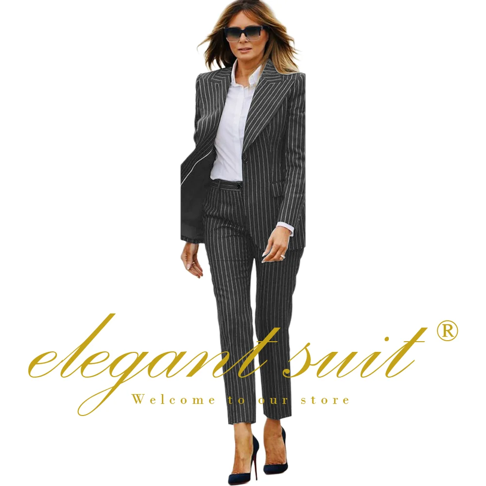 Women's black striped 2-piece suit (suit jacket + trousers) suitable for office and formal occasions, customized suit