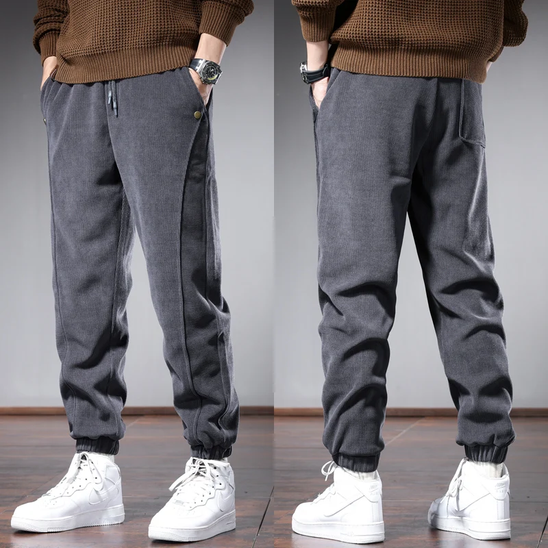 Autumn Men's Loose Corduroy Pants Casual Korean Style Black Gray Elastic Waist Joggers Trousers