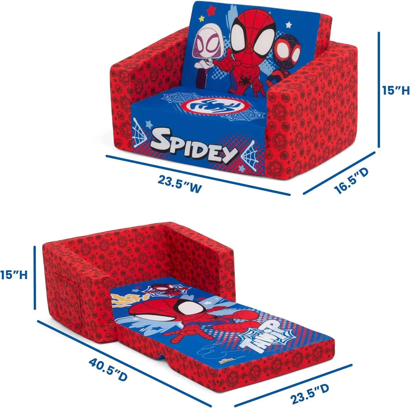Children Marvel Spidey and His Amazing Friends Cozee Flip-Out Chair-2-in-1 Convertible Chair to Lounger for Kids